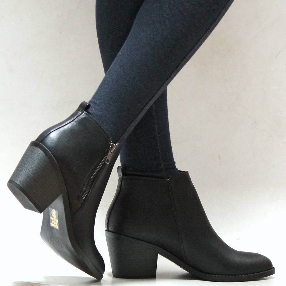New Black Zipper Chunky Heel Booties Ankle Boots - Picture 4 of 4